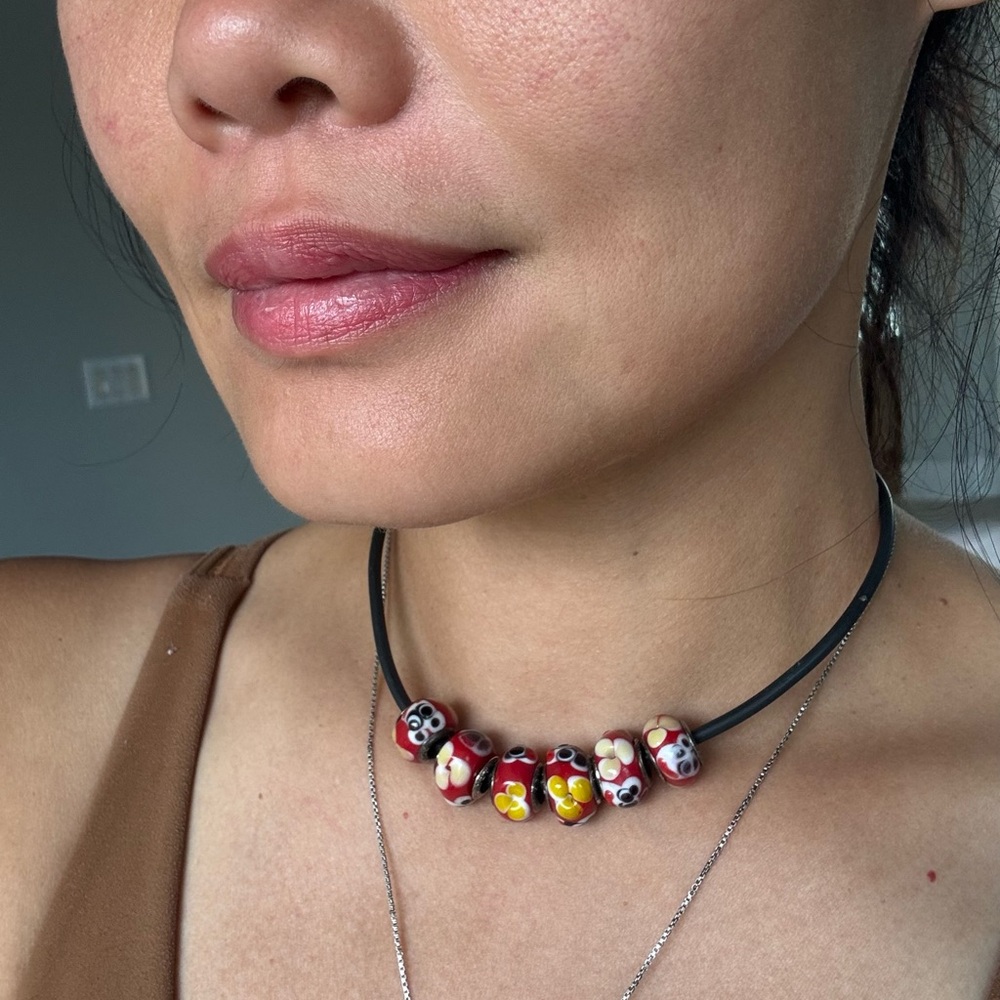 ✨Six Red Floral Murano Beads with Sterling Silver Middle / Pandora Beads✨
